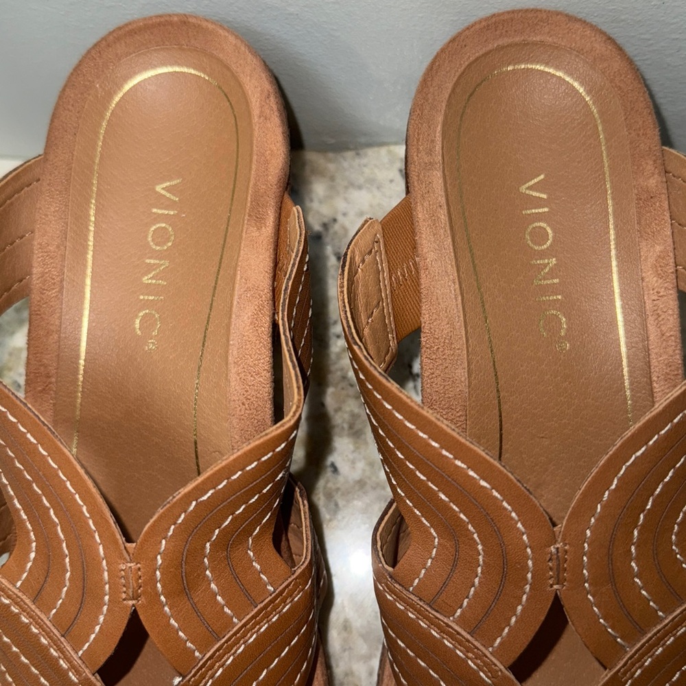 VIONIC MALORIE Raffia Natural Tan Leather Open Toe Slip On Wedge Sandals Sz 9.5 - Picture 7 of 16